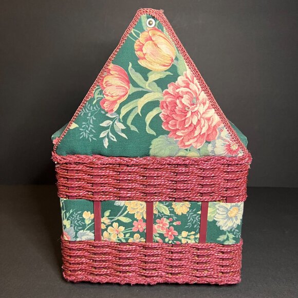 Vintage Burgundy & Green Floral Print Double Door Hinge Sewing Box w/ Handle - Picture 6 of 9